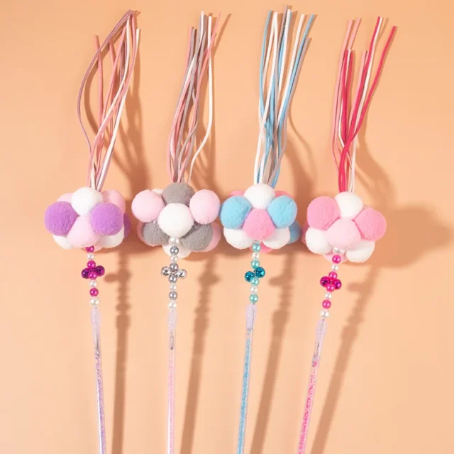 Cat Teaser Wand Beaded Decor Cat Interactive Toy Cat Tassel Wand With Pompom And Bell Pet Supplies Cat Favors Toys With Bell