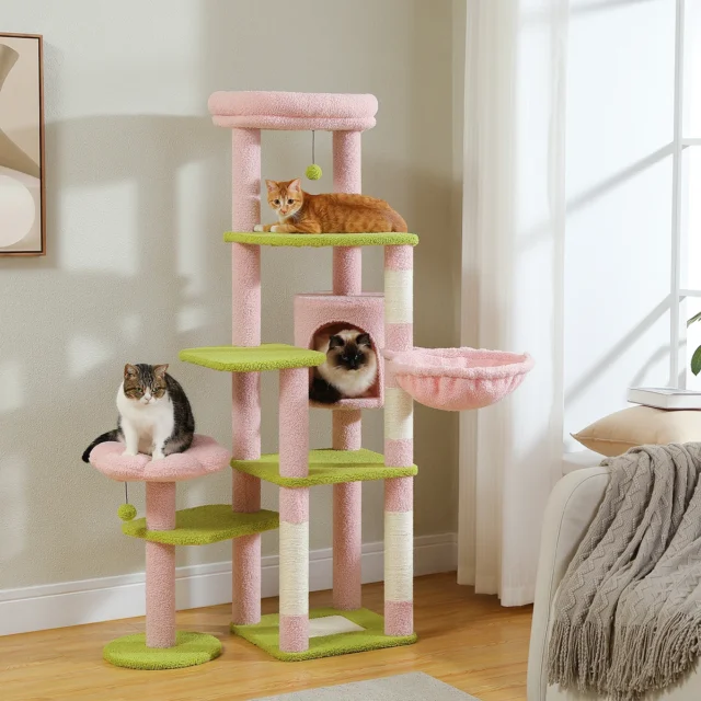 Height 150 CM Cactus Large Cat Tree Tower for Indoor with 5 Tier Spacious Condo Cozy Hammock Scratching Post and 2 Perches Green