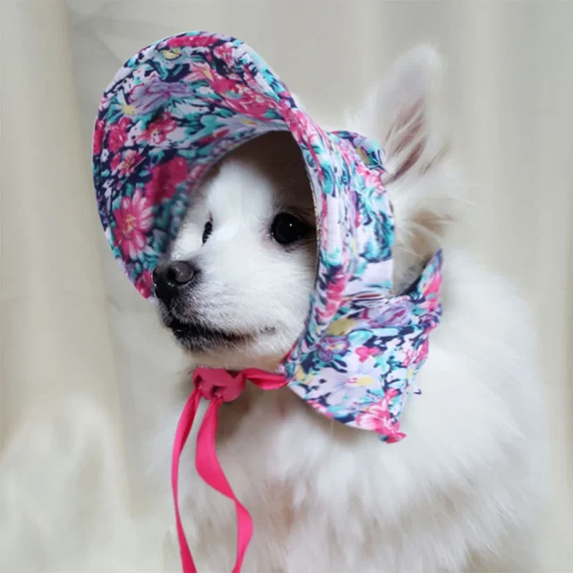 Dog Hat with Ear Holes for Outdoor Sun Protection Floral Dog Cap Female Summer Pet Visor Sunbonnet Adjustable for Girl Puppies - Image 2