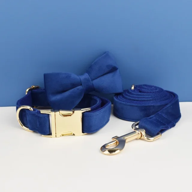 Navy Blue Velvet Dog Collar And Leash Set For Dogs Custom Engraved Nameplate Pet Supplies Dog Leash Velvet36 - Image 3