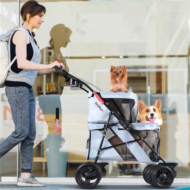 Nordic Pet Stroller Cart 4-wheel Portable and Foldable Outdoor Travel Walking Cart Trolley Double Layer for Pet Supply Cats Dogs