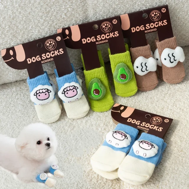 4PCS Warm Pet Dog Shoes Soft Pet Knits Socks Cute Cartoon Anti Slip Skid Socks For Small Dogs Paw Protector Pet Products