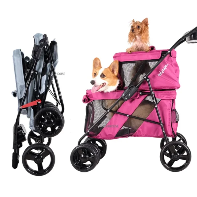 Nordic Pet Stroller Cart 4-wheel Portable and Foldable Outdoor Travel Walking Cart Trolley Double Layer for Pet Supply Cats Dogs - Image 4