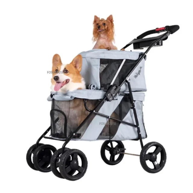 Nordic Pet Stroller Cart 4-wheel Portable and Foldable Outdoor Travel Walking Cart Trolley Double Layer for Pet Supply Cats Dogs - Image 2