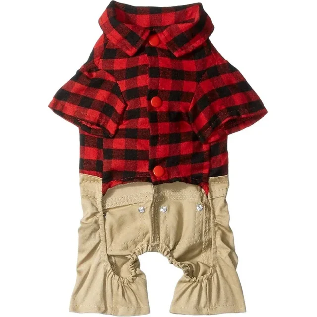 Dog Clothes for Small Dogs Cat Red Plaid Shirts Sweater with Khaki Overalls Pants Jumpsuit Outfits British Style Puppy Clothes - Image 2