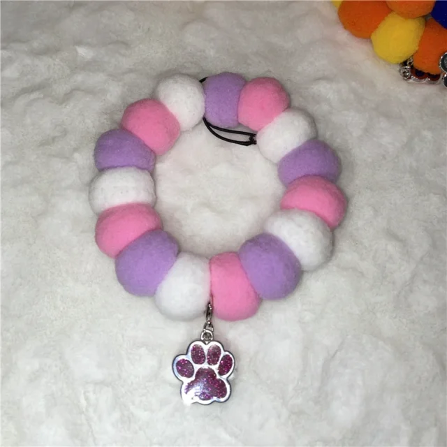 1pc New Soft Pet Dog Cat Kitty Plush Ball Candy Necklace Decoration Collar with 6-color Bling Paw Print Pendant Pets Accessories - Image 6