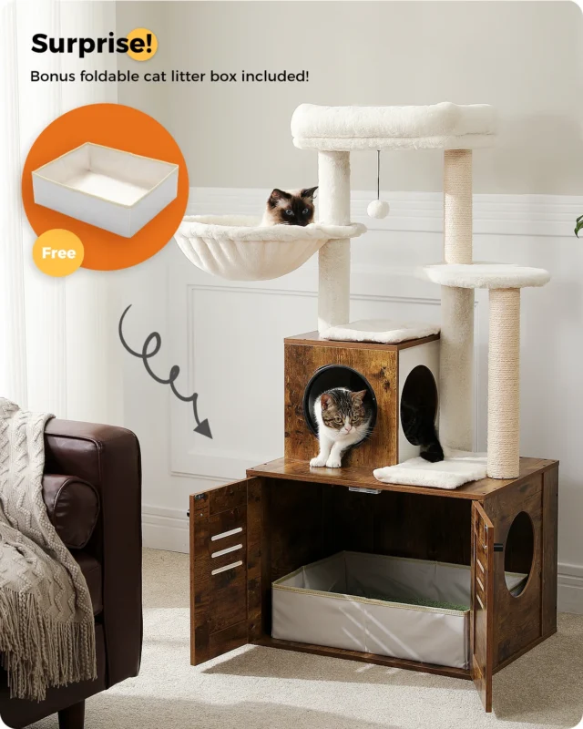 H127CM Modern Cat Tree with Condo Included Cat Litter Box Solid Wood Enclosure Furniture with Large Hammock Top Spacious Perch - Image 3