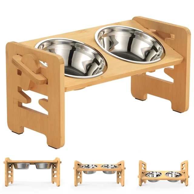 Elevated Dog Bowls Bamboo Tilted Adjustable Dogs Feeder Stand with Stainless Steel Food Bowls for Puppies Cats Pet Accessories - Image 5