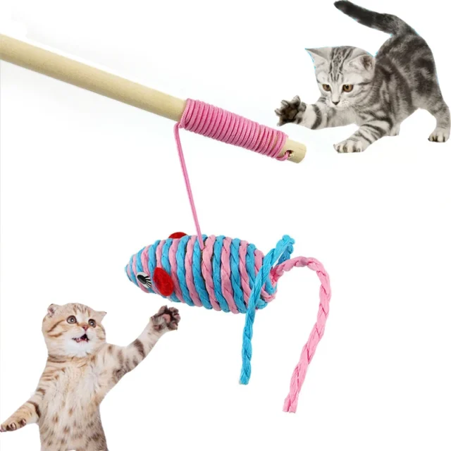 1Pcs Pet Cat Teaser Mouse Toys Wood Wand Cat Catcher Teaser Rod Stick Cat Interactive Toys Mice Scratching Wand Cat Toys