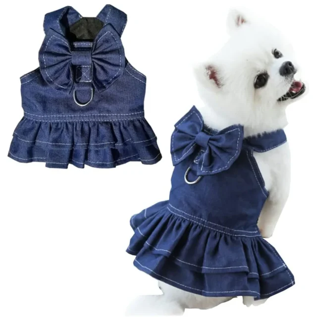 Denim Dog Dresses for Small Dogs Summer Puppy Girl Clothes with Leash Ring Cute Bow Knot Cat Apparel Doggy Walking Harness Skirt