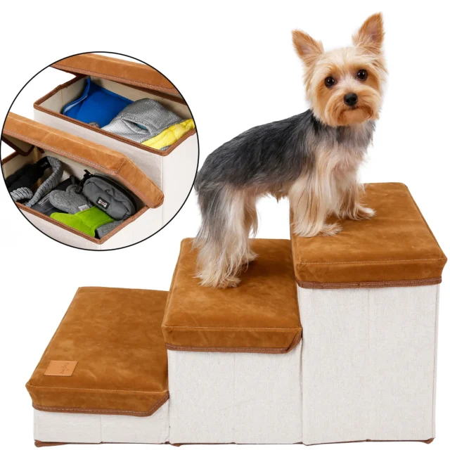 3-Step Foldable Pet Stairs, Pet Steps, Storage Style, Indoor Ramp for Dogs, Puppies, Up to 55 Pounds, Dog Bed