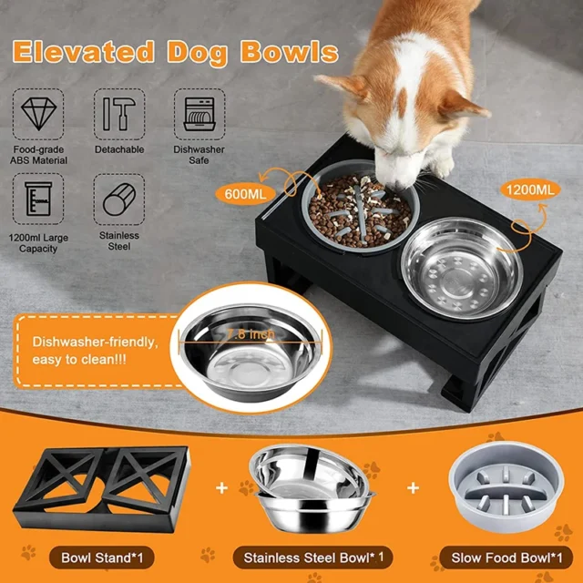 Elevated Dog Bowls 3 Adjustable Heights Raised Dog Food Water Bowl with Slow Feeder Bowl Standing Dog Bowl for Medium Large Dogs - Image 4