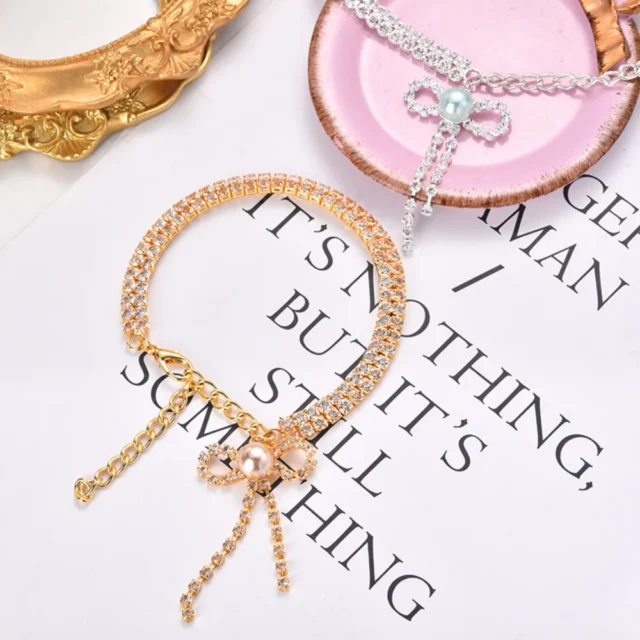 Cat Diomand Necklace With Pearl Metal Exquisite Grooming Kitten Collar Rose Gold Long Tassels Collar for Small Dog Cat Pet Items - Image 3