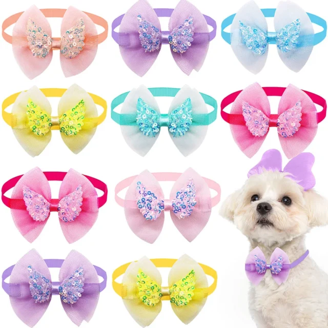 Dog Bowties Pet Bowknot Bulk Angel Wing Lace Sequin Decor Adjustable Dog Collar Grooming for Small Dog Pet Accessories Supplier