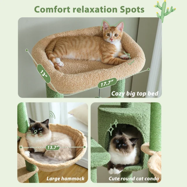 Height 150 CM Cactus Large Cat Tree Tower for Indoor with 5 Tier Spacious Condo Cozy Hammock Scratching Post and 2 Perches Green - Image 5