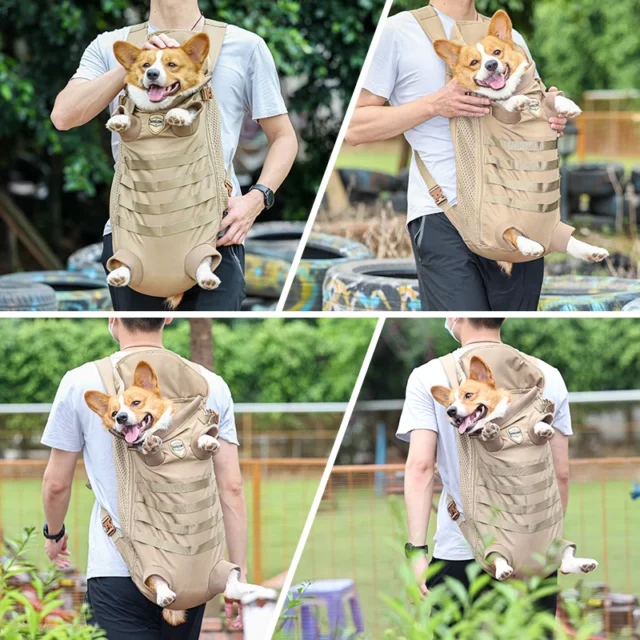 Backpack for Small Medium Dogs Hands Free Tactical Outdoor Pet Frontpack Soft Breathable Safety Travel Dog Carrier Military Tan - Image 5