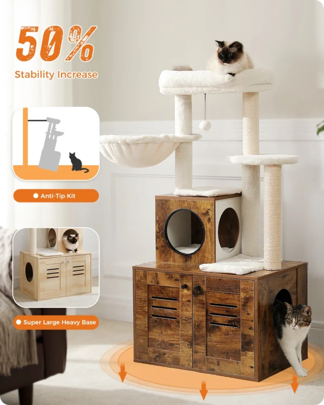 H127CM Modern Cat Tree with Condo Included Cat Litter Box Solid Wood Enclosure Furniture with Large Hammock Top Spacious Perch - Image 4