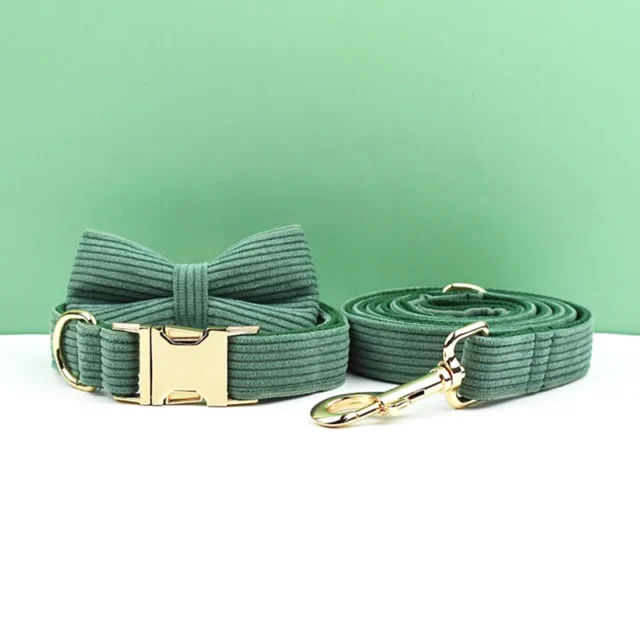 Dark Green Corduroy Dog Collar And Leash Set For Dogs Custom Engraved Nameplate Pet Supplies Dog Leash Corduroy04 - Image 3