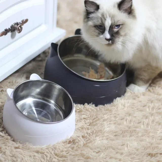 Cat Dog Bowl 15 Degrees Raised Stainless Steel Non Slip Puppy Base Cat Food Drinking Water Feeder Tilt Safeguard Neck Pet Bowl - Image 2