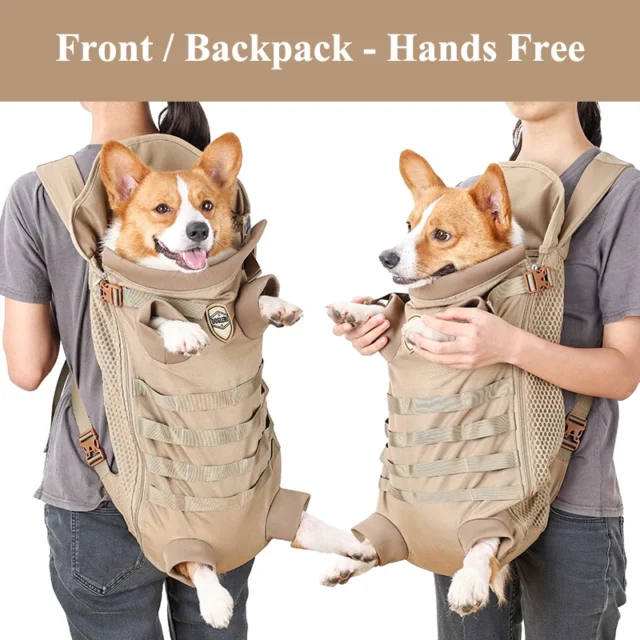 Backpack for Small Medium Dogs Hands Free Tactical Outdoor Pet Frontpack Soft Breathable Safety Travel Dog Carrier Military Tan - Image 3