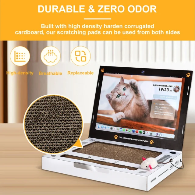 Cat Scratcher Laptop with Fluffy 'Mouse' Interactive Toys, Paw Over Social Media Kitten Toys & Cat Scratch Pads - Image 3