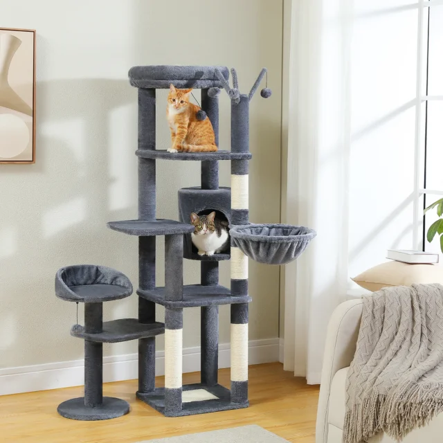 Height 150 CM Cactus Large Cat Tree Tower for Indoor with 5 Tier Spacious Condo Cozy Hammock Scratching Post and 2 Perches Green - Image 4