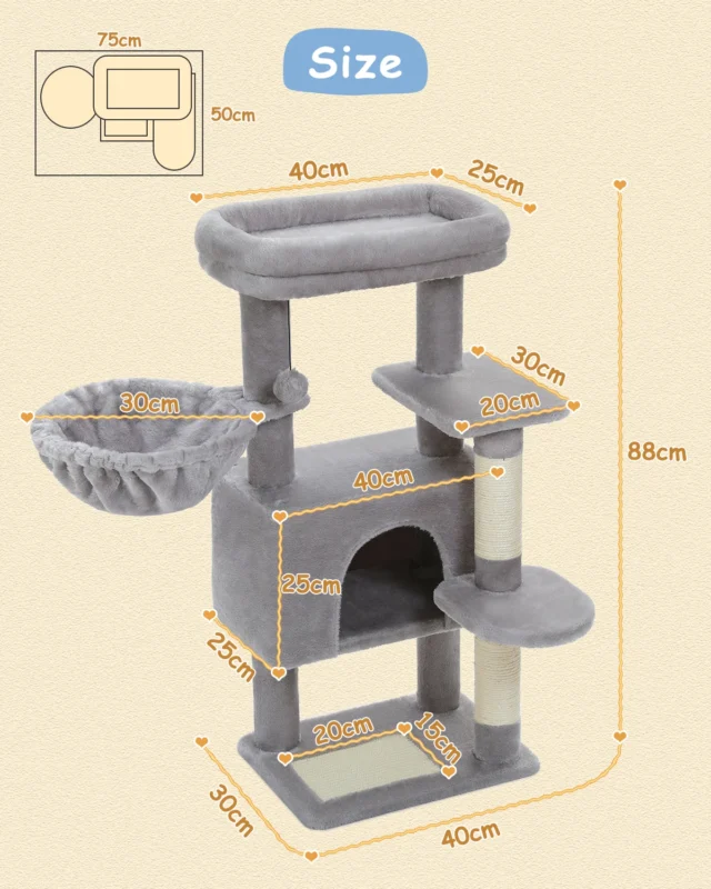 H88CM Cactus Cat Tree for Indoor Tower for Multi-Level Plush with Natural Sisal Scratching Post Condos Perches Hammock 2 Colors - Image 6