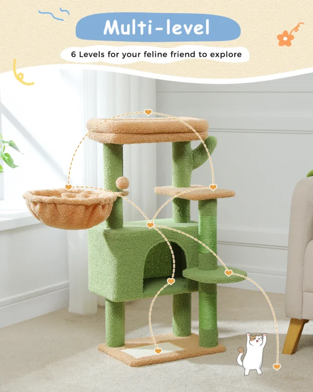 H88CM Cactus Cat Tree for Indoor Tower for Multi-Level Plush with Natural Sisal Scratching Post Condos Perches Hammock 2 Colors - Image 3