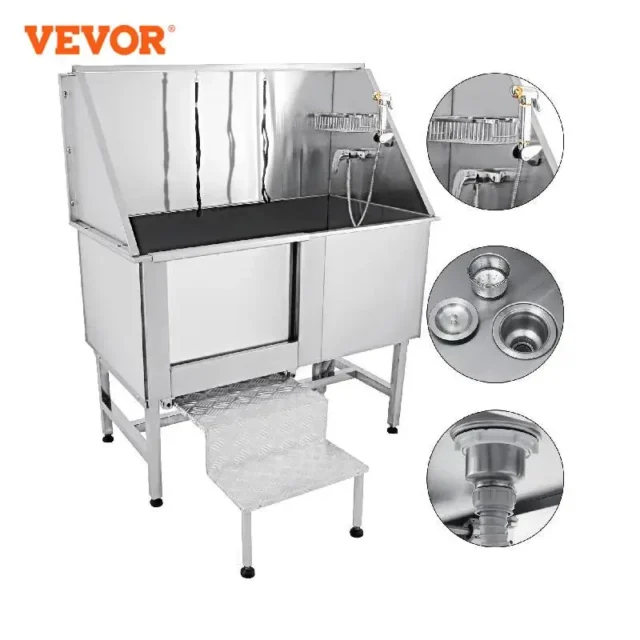 VEVOR 62 Inch Dog Grooming Tub Professional Stainless Steel Pet Dog Bath Tub With Steps Faucet & Accessories Dog Washing Station