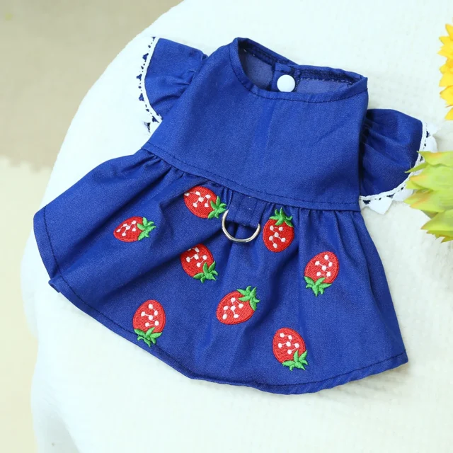 1PC Pet Clothing Cat Dog Spring and Autumn Thin Blue Denim Strawberry Princess Dress With Drawstring Buckle For Small Medium Dog