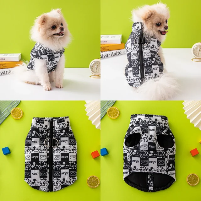 Disney Dog Clothes Winter Mickey and Minnie Print Pet Coat Black and White Warm Dog Padded Vest Outdoor Traction Coat