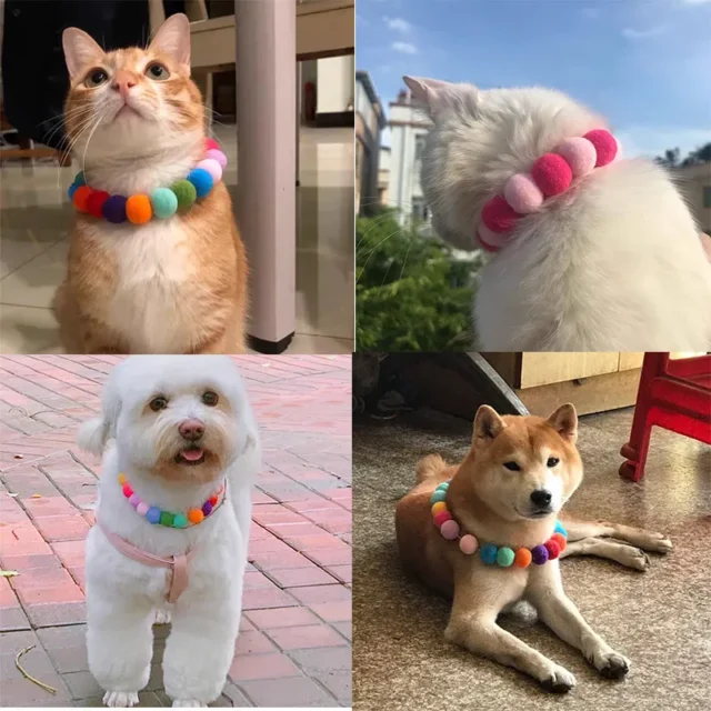 New Plush Ball Dog Collar Cat Necklace New Handmade Rainbow Pet Scarf Sweet Cute Pink Puppy Neck Strap Kitty Supplies Pet Neck - Image 6