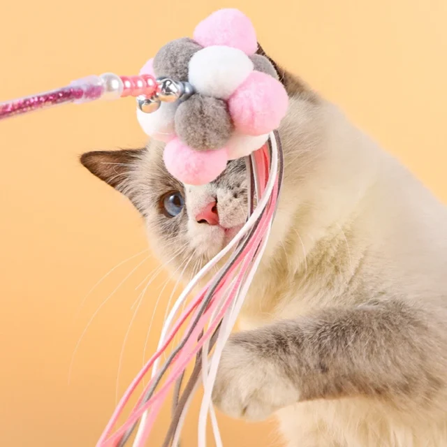 Cat Teaser Wand Beaded Decor Cat Interactive Toy Cat Tassel Wand With Pompom And Bell Pet Supplies Cat Favors Toys With Bell - Image 3