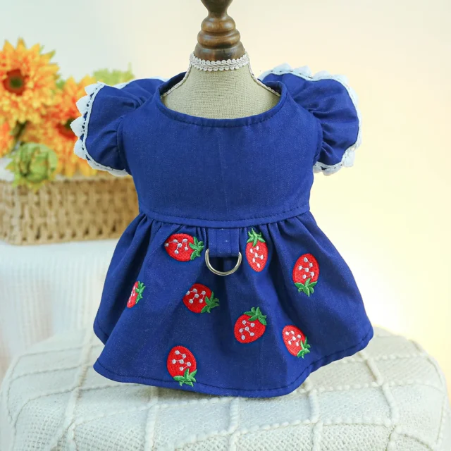 1PC Pet Clothing Cat Dog Spring and Autumn Thin Blue Denim Strawberry Princess Dress With Drawstring Buckle For Small Medium Dog - Image 2