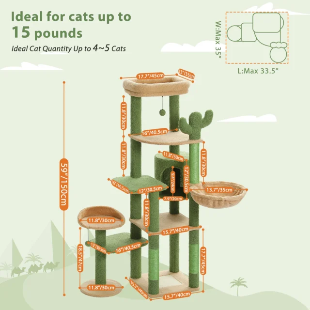 Height 150 CM Cactus Large Cat Tree Tower for Indoor with 5 Tier Spacious Condo Cozy Hammock Scratching Post and 2 Perches Green - Image 6