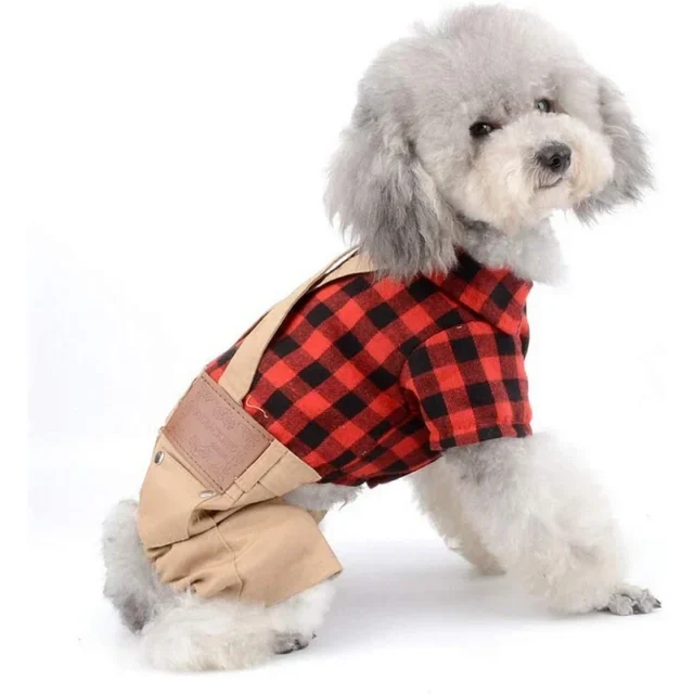 Dog Clothes for Small Dogs Cat Red Plaid Shirts Sweater with Khaki Overalls Pants Jumpsuit Outfits British Style Puppy Clothes - Image 3