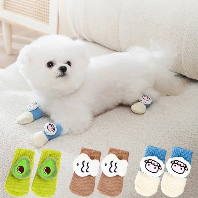 4PCS Warm Pet Dog Shoes Soft Pet Knits Socks Cute Cartoon Anti Slip Skid Socks For Small Dogs Paw Protector Pet Products - Image 2