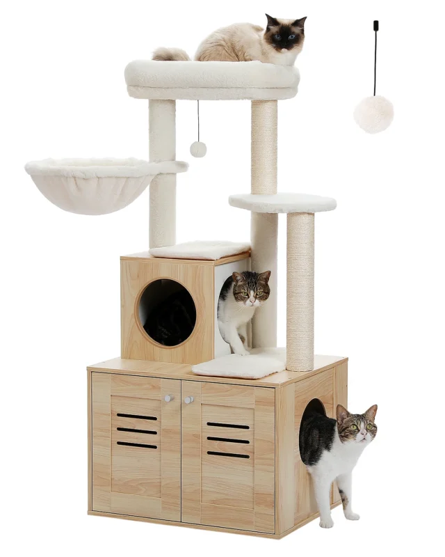 H127CM Modern Cat Tree with Condo Included Cat Litter Box Solid Wood Enclosure Furniture with Large Hammock Top Spacious Perch - Image 2