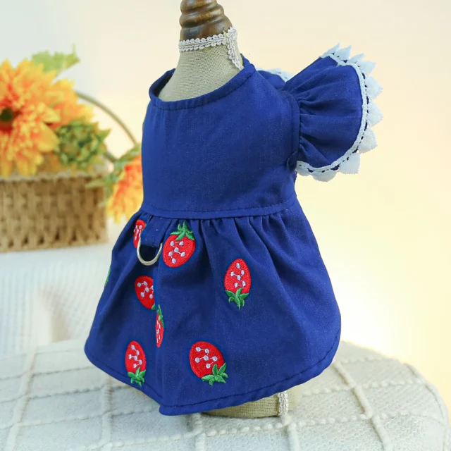 1PC Pet Clothing Cat Dog Spring and Autumn Thin Blue Denim Strawberry Princess Dress With Drawstring Buckle For Small Medium Dog - Image 3