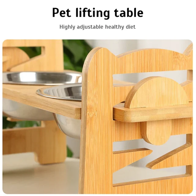 Elevated Dog Bowls Bamboo Tilted Adjustable Dogs Feeder Stand with Stainless Steel Food Bowls for Puppies Cats Pet Accessories - Image 4