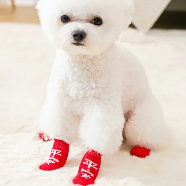 4pcs/Set Cute Puppy Dog Printed Socks Cartoon Anti Slip Knit Socks Warm Elastic Puppy Shoes Small Medium Dogs Boots Pet Product - Image 4