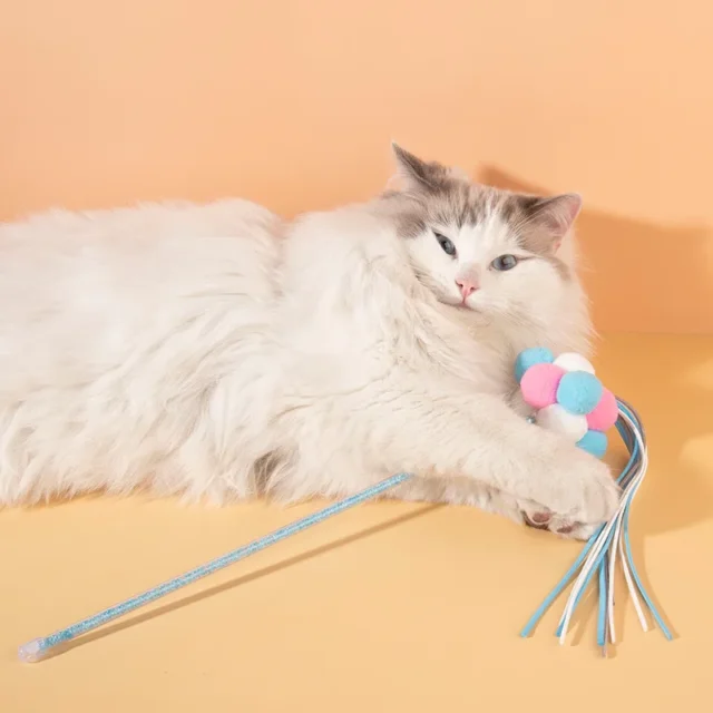 Cat Teaser Wand Beaded Decor Cat Interactive Toy Cat Tassel Wand With Pompom And Bell Pet Supplies Cat Favors Toys With Bell - Image 2