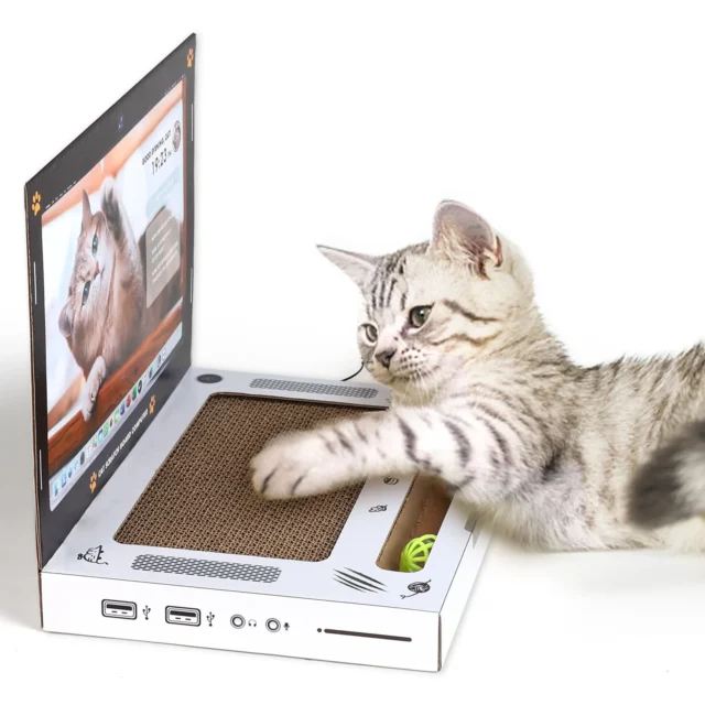 Cat Scratcher Laptop with Fluffy 'Mouse' Interactive Toys, Paw Over Social Media Kitten Toys & Cat Scratch Pads