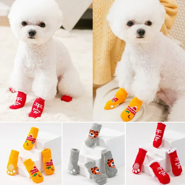 4pcs/Set Cute Puppy Dog Printed Socks Cartoon Anti Slip Knit Socks Warm Elastic Puppy Shoes Small Medium Dogs Boots Pet Product