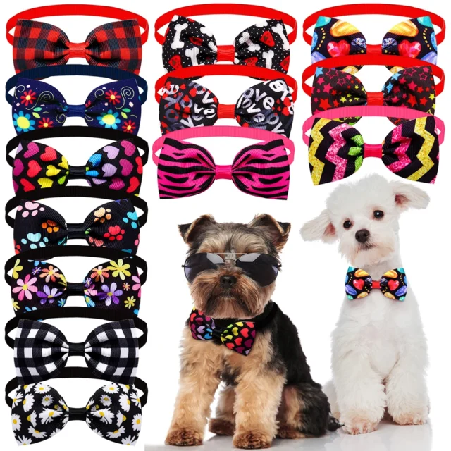 13 PCS Cute Pet Dog Bows Plaid Print Cotton Hair Accessories Grooming Puppy Hair Accessories With Adjusted Bands Pet Headwear