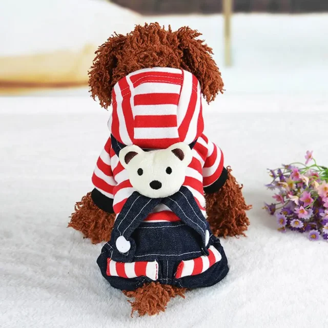 Pet Dog Wear Cat Clothes Cartoon Bear Striped Jumpsuit With Hoodie & Bear On The Back Party Striped Red Blue Pet Dress Supplies - Image 5