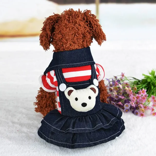 Pet Dog Wear Cat Clothes Cartoon Bear Striped Jumpsuit With Hoodie & Bear On The Back Party Striped Red Blue Pet Dress Supplies - Image 3