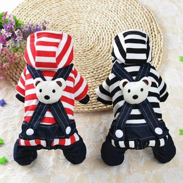 Pet Dog Wear Cat Clothes Cartoon Bear Striped Jumpsuit With Hoodie & Bear On The Back Party Striped Red Blue Pet Dress Supplies - Image 4