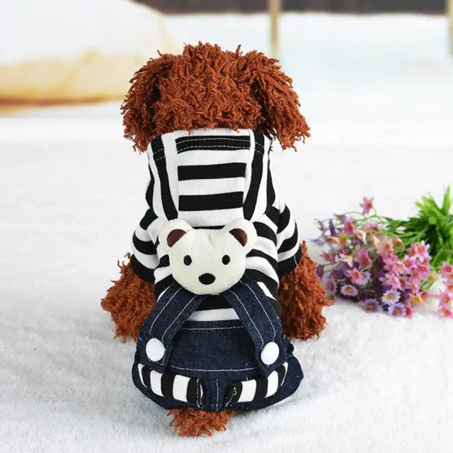 Pet Dog Wear Cat Clothes Cartoon Bear Striped Jumpsuit With Hoodie & Bear On The Back Party Striped Red Blue Pet Dress Supplies - Image 6