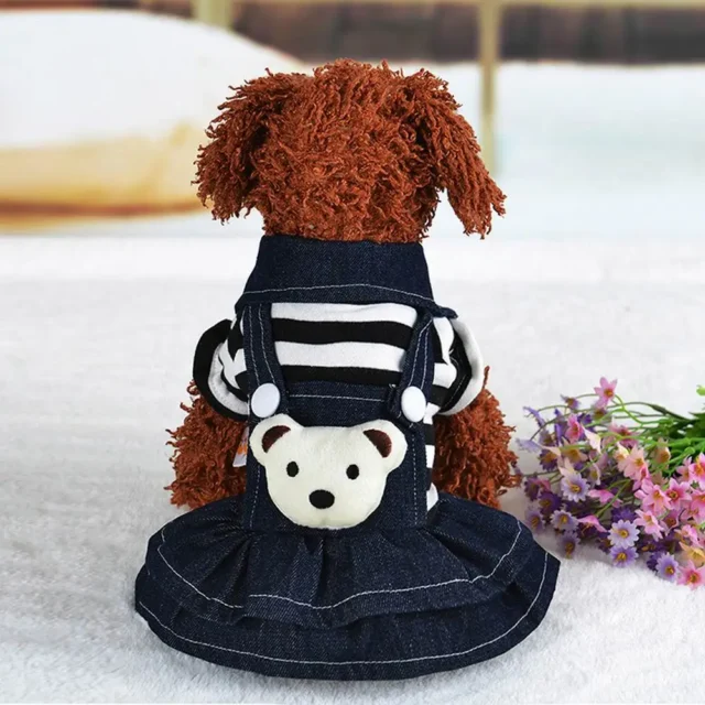 Pet Dog Wear Cat Clothes Cartoon Bear Striped Jumpsuit With Hoodie & Bear On The Back Party Striped Red Blue Pet Dress Supplies - Image 2